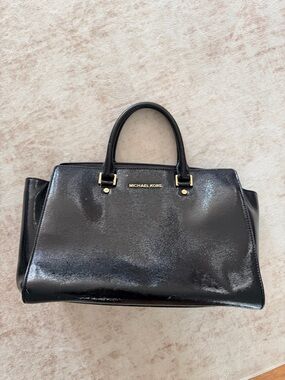 Michael Kors Black Patent Satchel with Gold Hardware